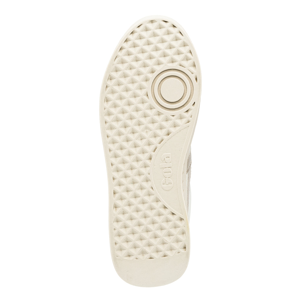 Cream coloured trainer sole with a geometric tread pattern and Gola branding