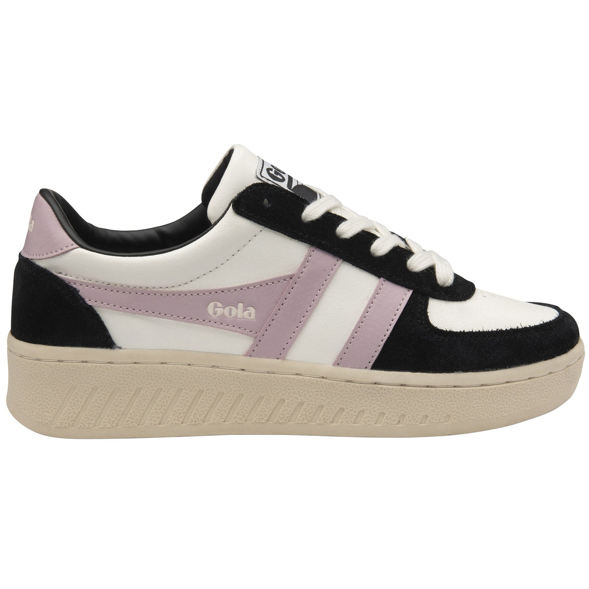 Gola Classics white black and lilac leather trainer with a chunky beige sole