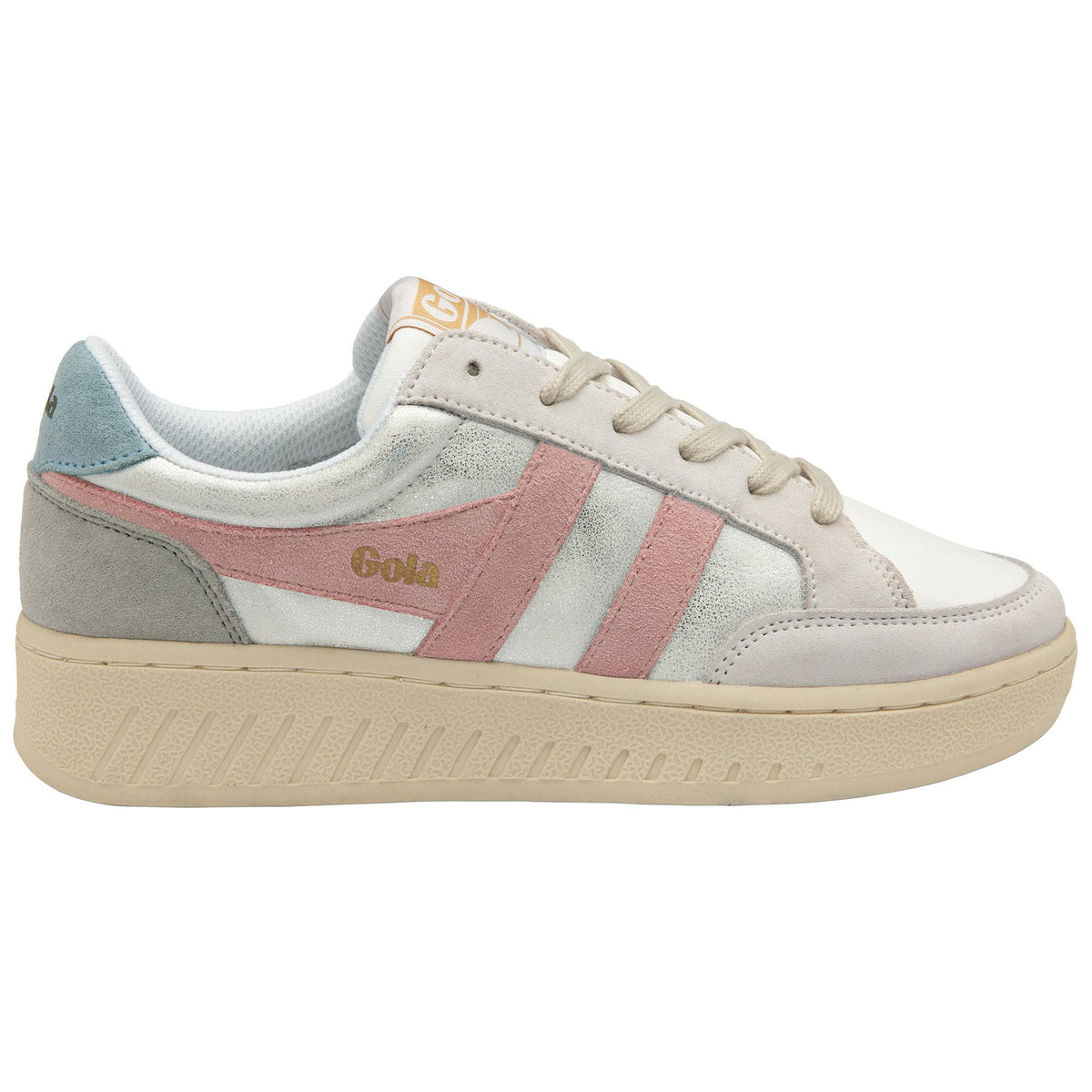 Gola Classics women's white trainer with pink and silver metallic side stripes and a chunky beige sole