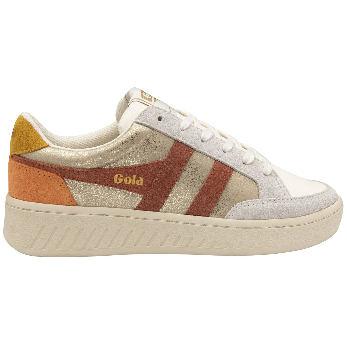 Gola Classics metallic gold and suede trainer with brown side stripes and white laces