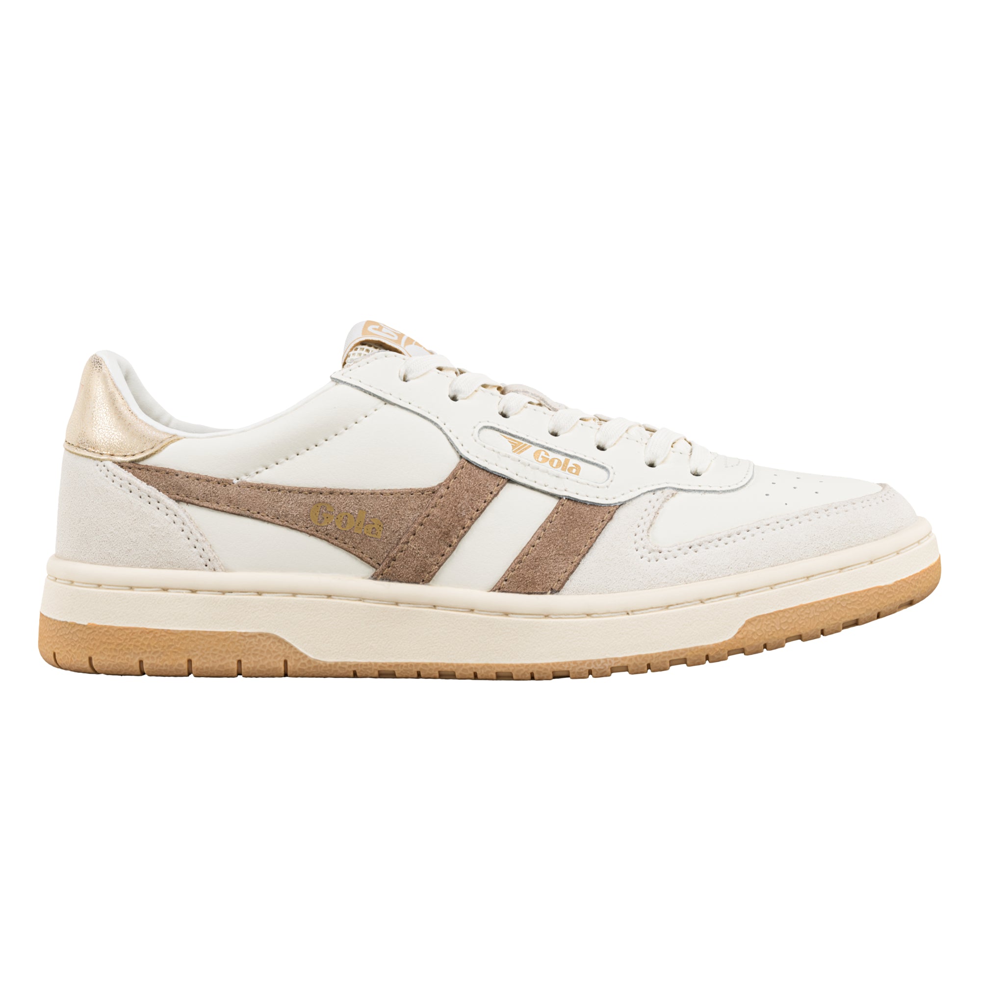 White Gola trainer with tan suede side stripes and metallic gold heel tab on a gum sole