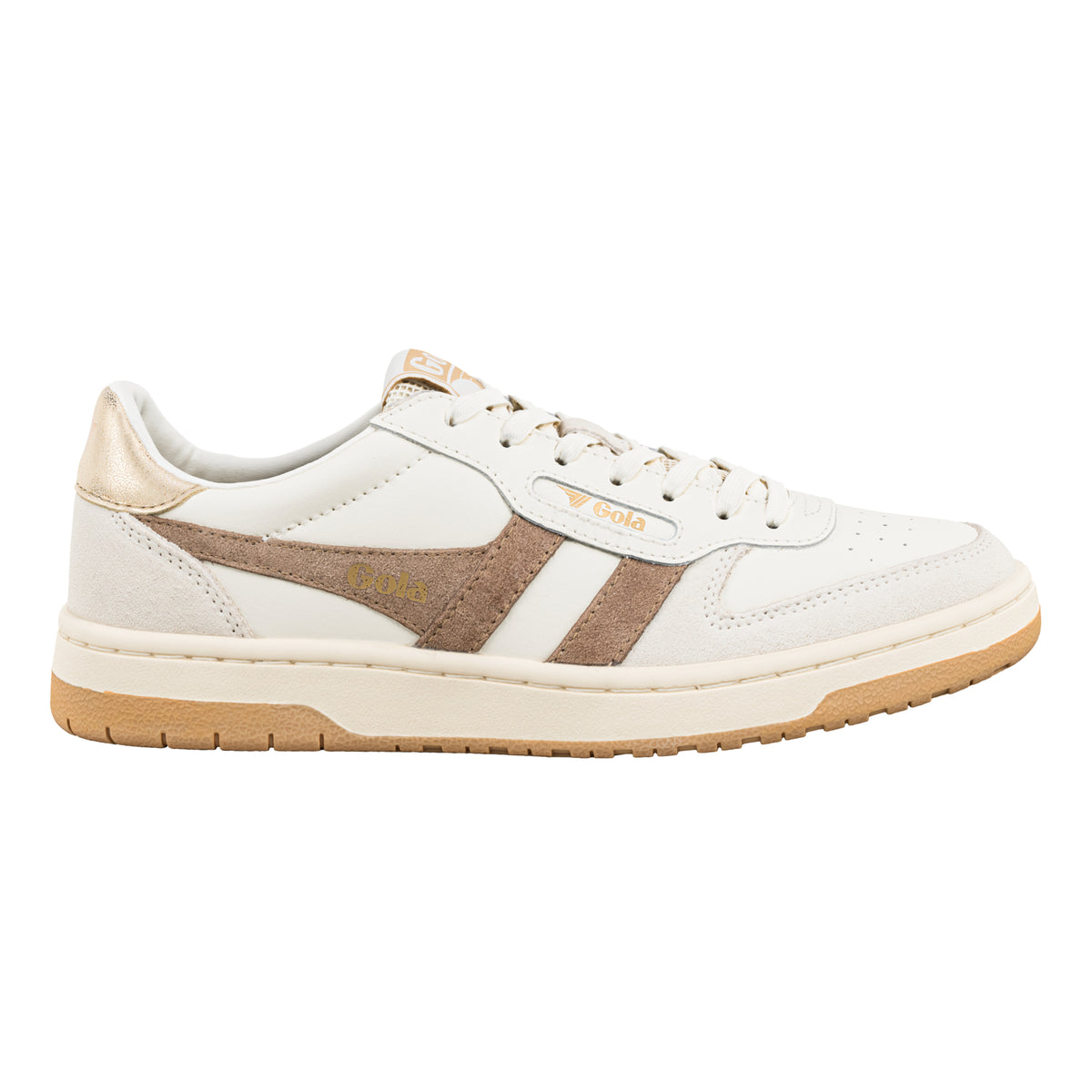 Gola Classics white trainer with brown suede side panels and metallic gold heel tab