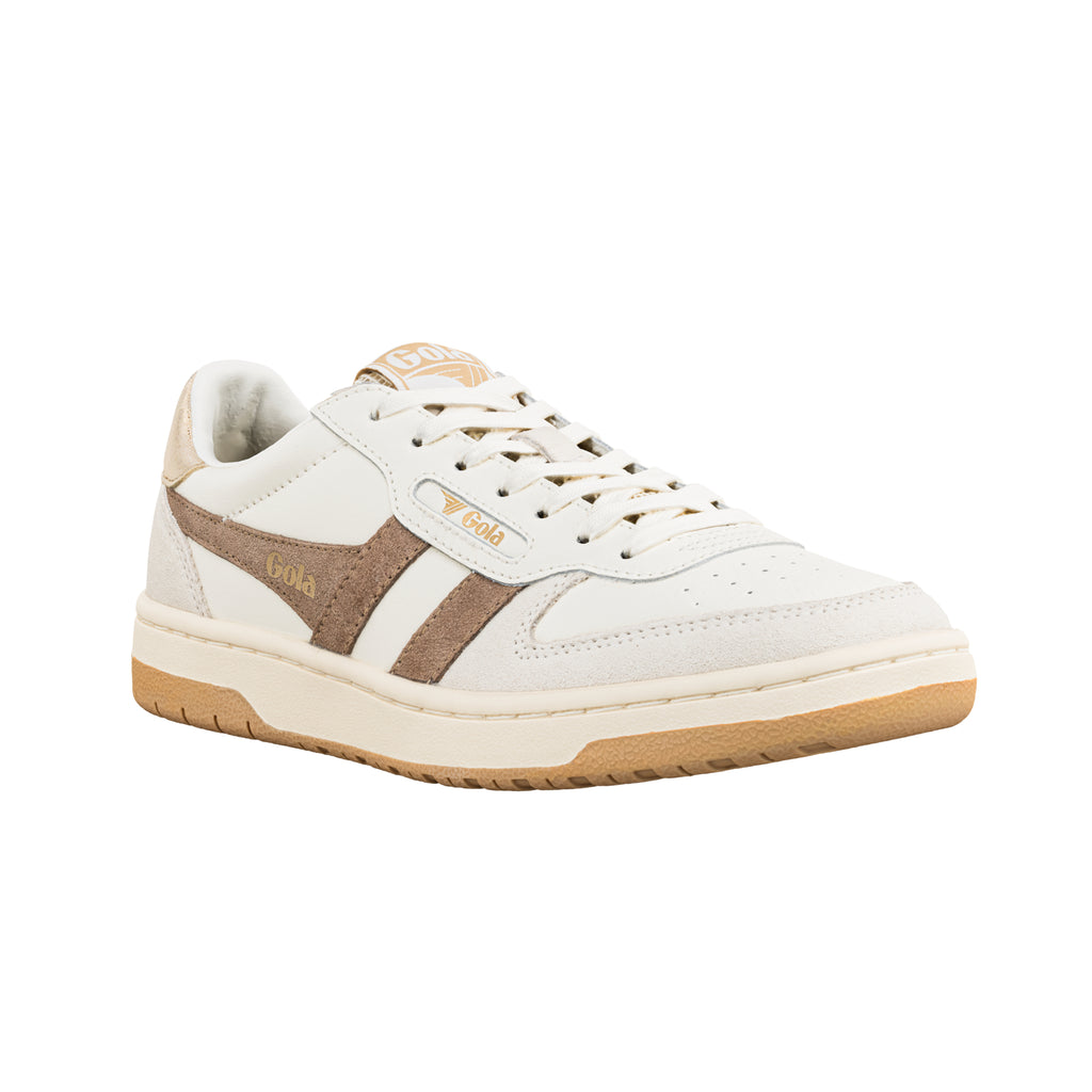 White Gola trainer with beige suede side stripes and a gum rubber sole