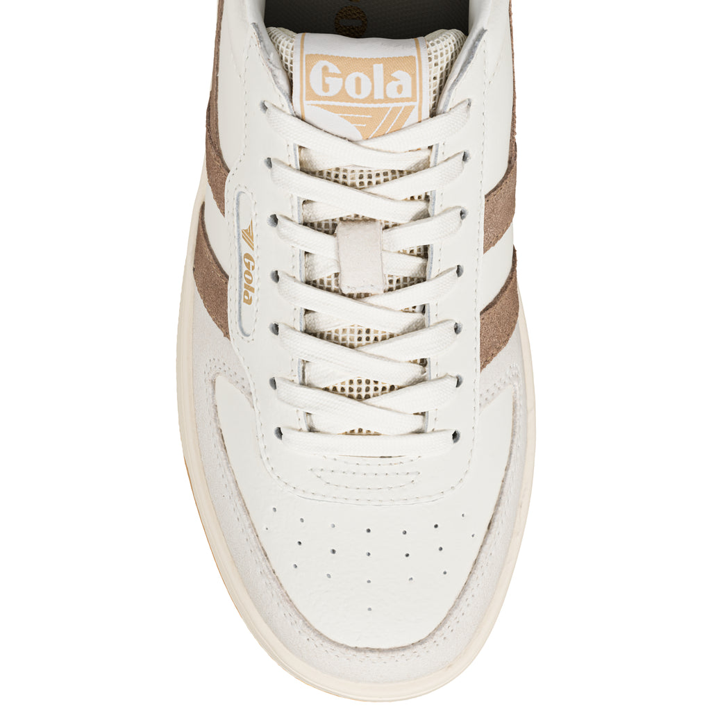 Top view of a white Gola trainer with beige suede detailing and white laces