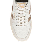 Top view of a white Gola trainer with beige suede detailing and white laces