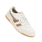 Off white Gola trainer with brown suede side stripes and gum sole
