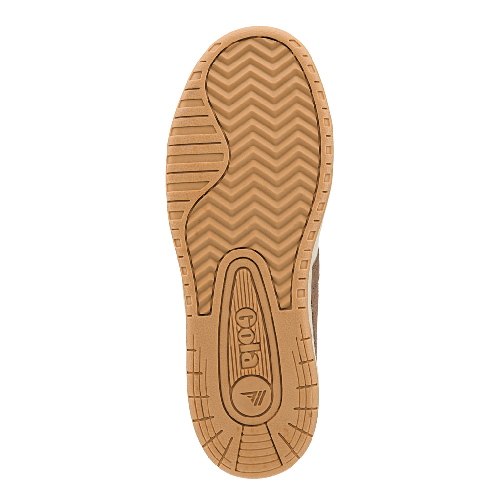 Tan rubber trainer sole with chevron tread pattern and Gola branding