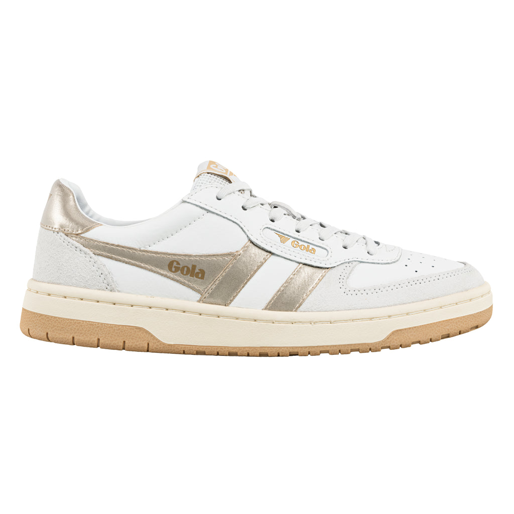 White leather Gola trainer with metallic gold side stripes and gum sole