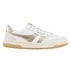 White leather Gola trainer with metallic gold side stripes and gum sole
