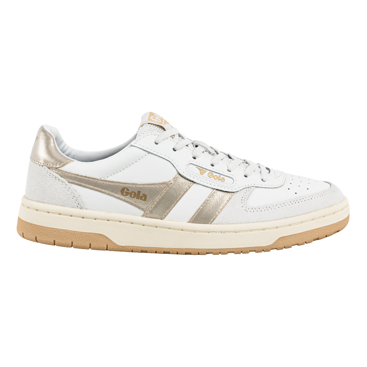Gola Classics white and metallic gold leather trainer with gum sole