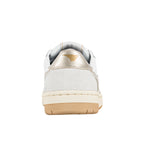 Rear view of a white trainer with a metallic gold heel tab and gum rubber sole