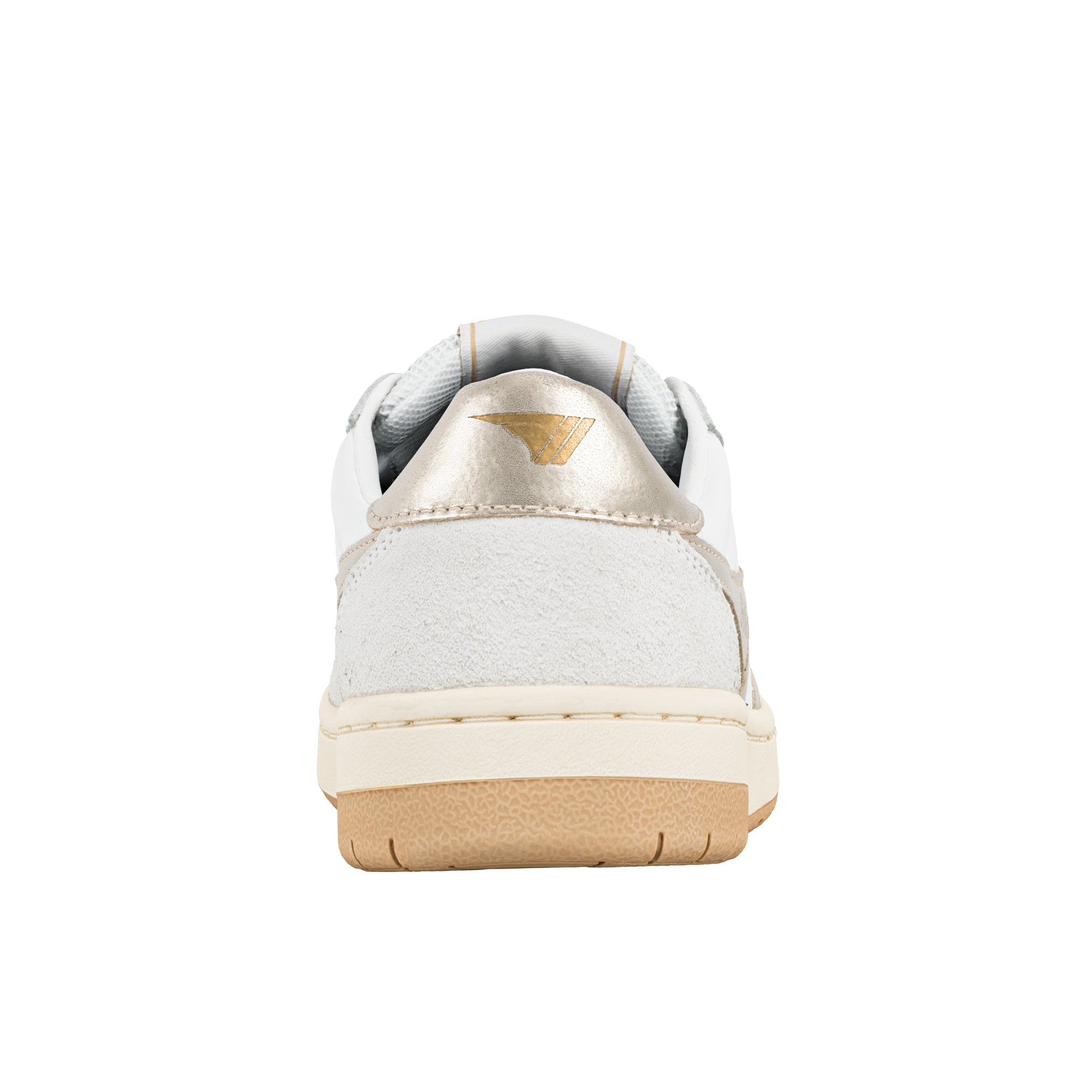 Rear view of a white trainer with a metallic gold heel tab and gum rubber sole