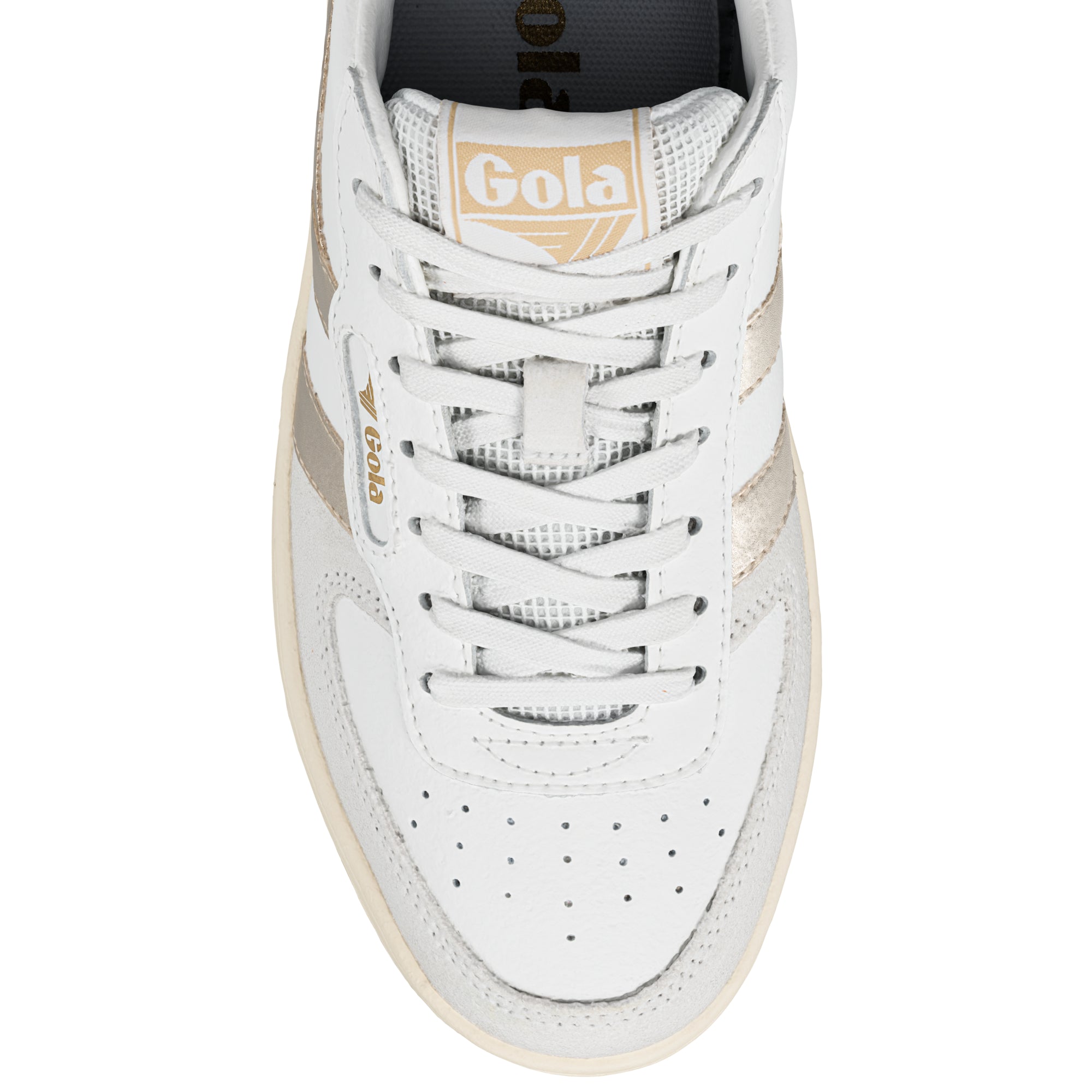Top view of a white Gola trainer with metallic gold side stripes and lace up fastening