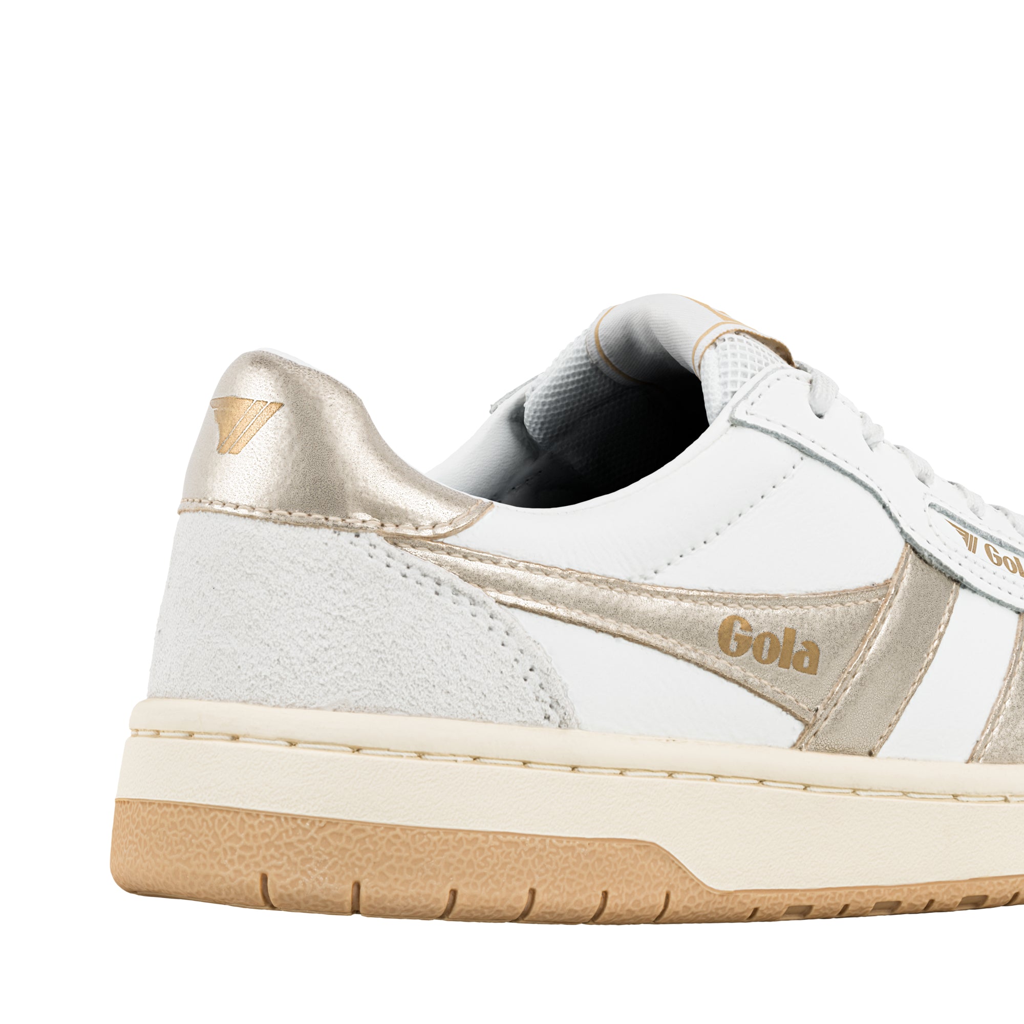 Close up of white and metallic gold Gola trainer heel detail