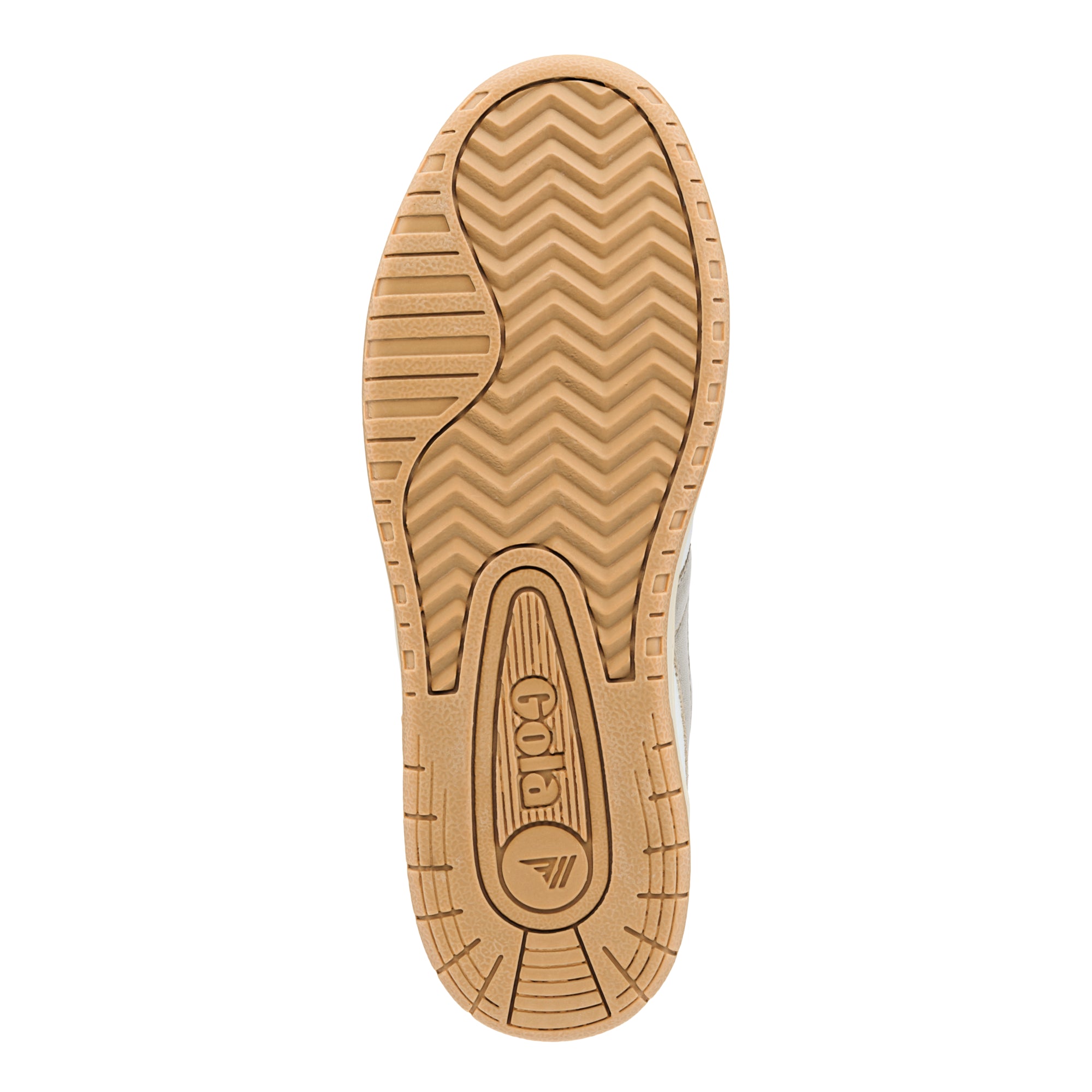 Tan rubber trainer sole with chevron tread pattern and Gola branding