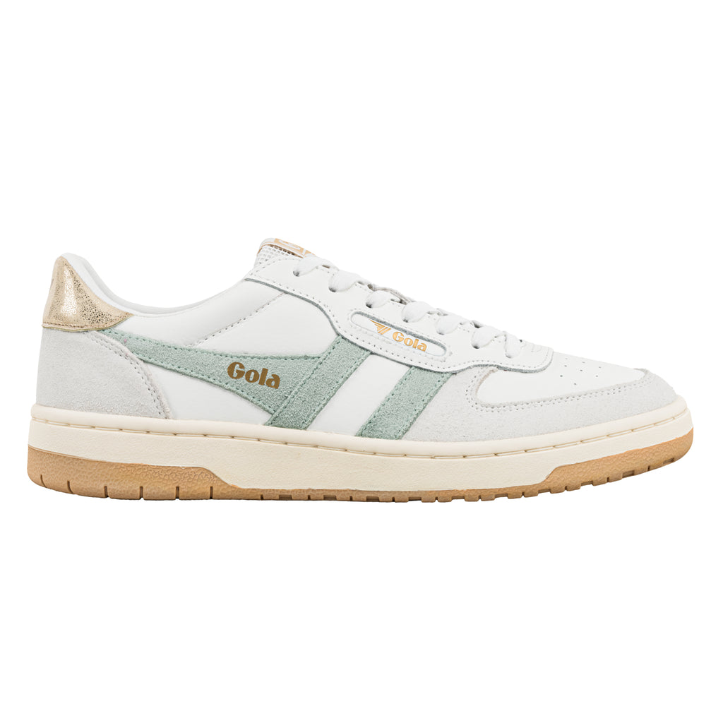 White leather trainer with sage green suede side panels and gold heel tab