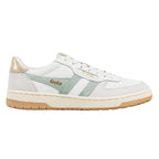 White leather trainer with sage green suede side panels and gold heel tab
