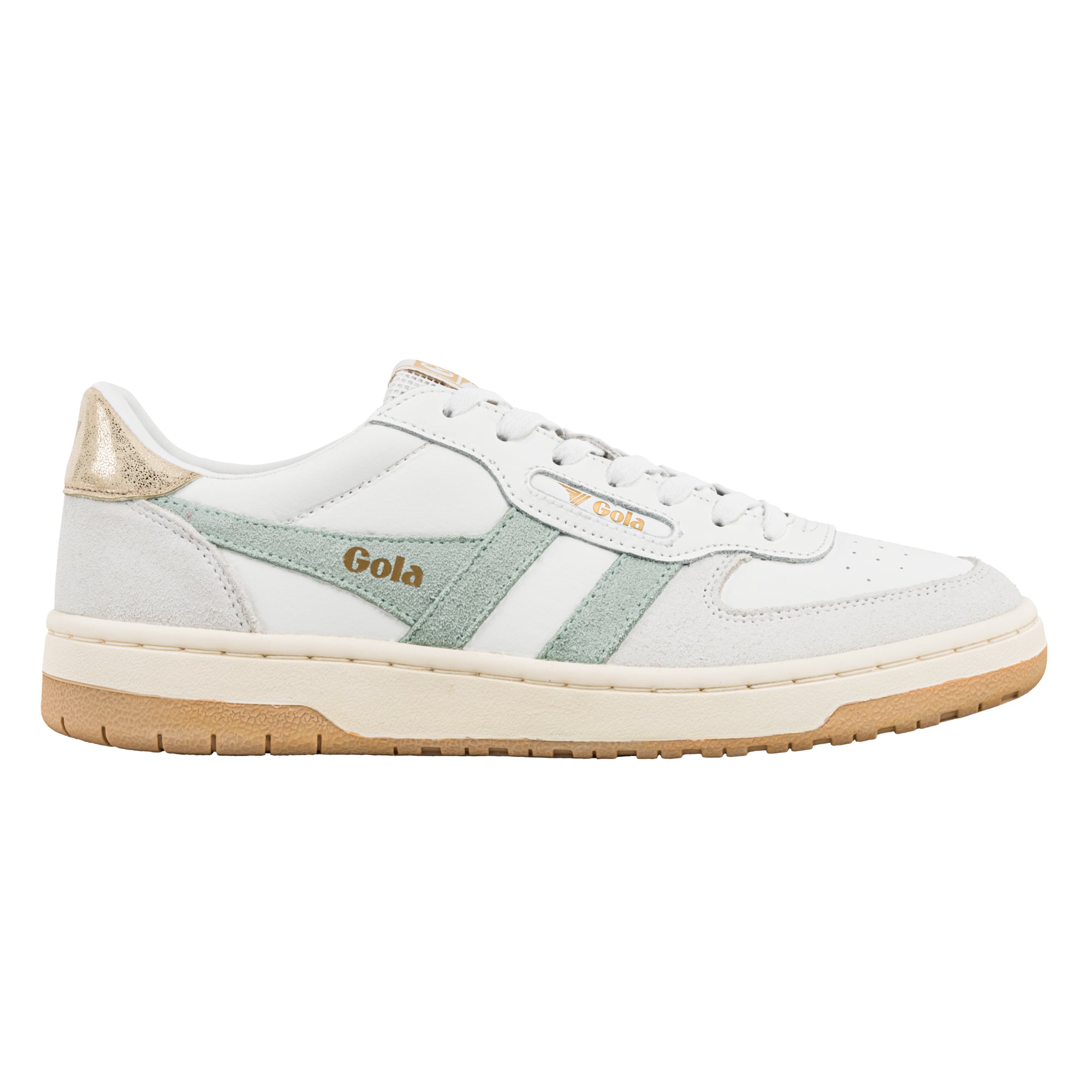 White leather trainer with sage green suede side panels and gold heel tab