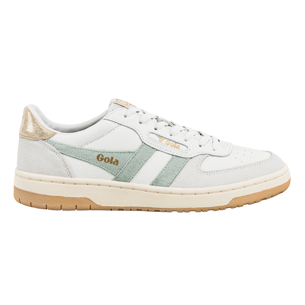 Gola Classics white trainer with sage green suede side panels and metallic gold heel tab
