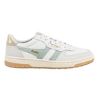 Gola Classics white trainer with sage green suede side panels and metallic gold heel tab