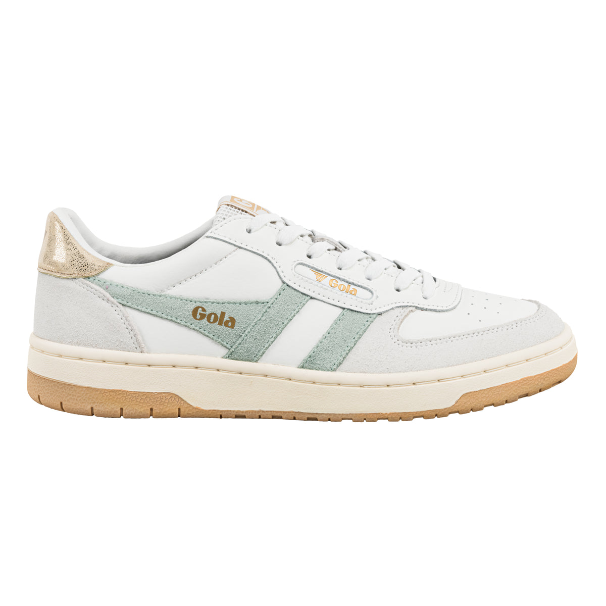 Gola Classics white trainer with sage green suede side panels and metallic gold heel tab
