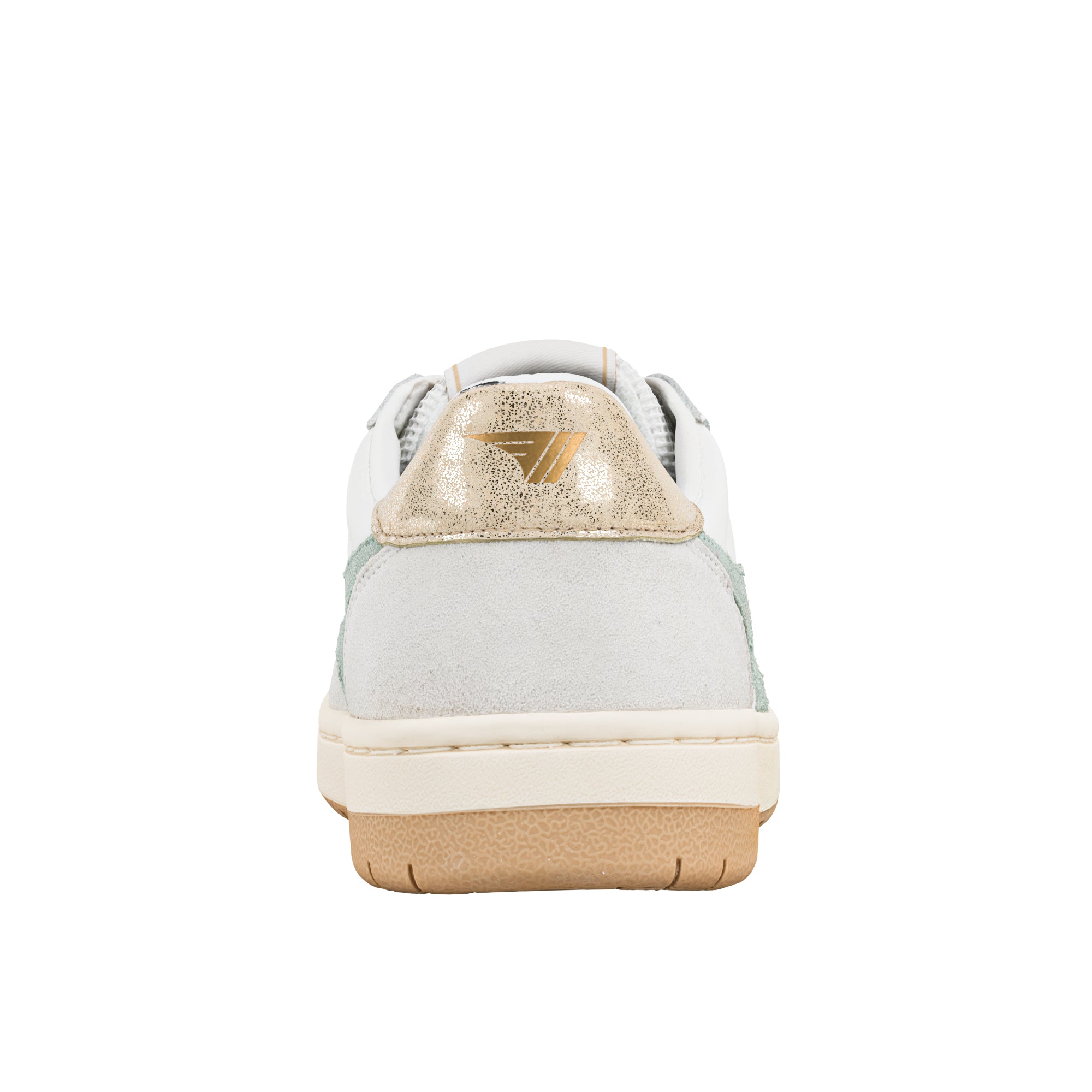 Rear view of white trainer with metallic gold heel tab and gum rubber sole