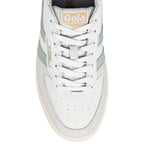 Top view of a white Gola trainer with sage green suede detailing and white laces