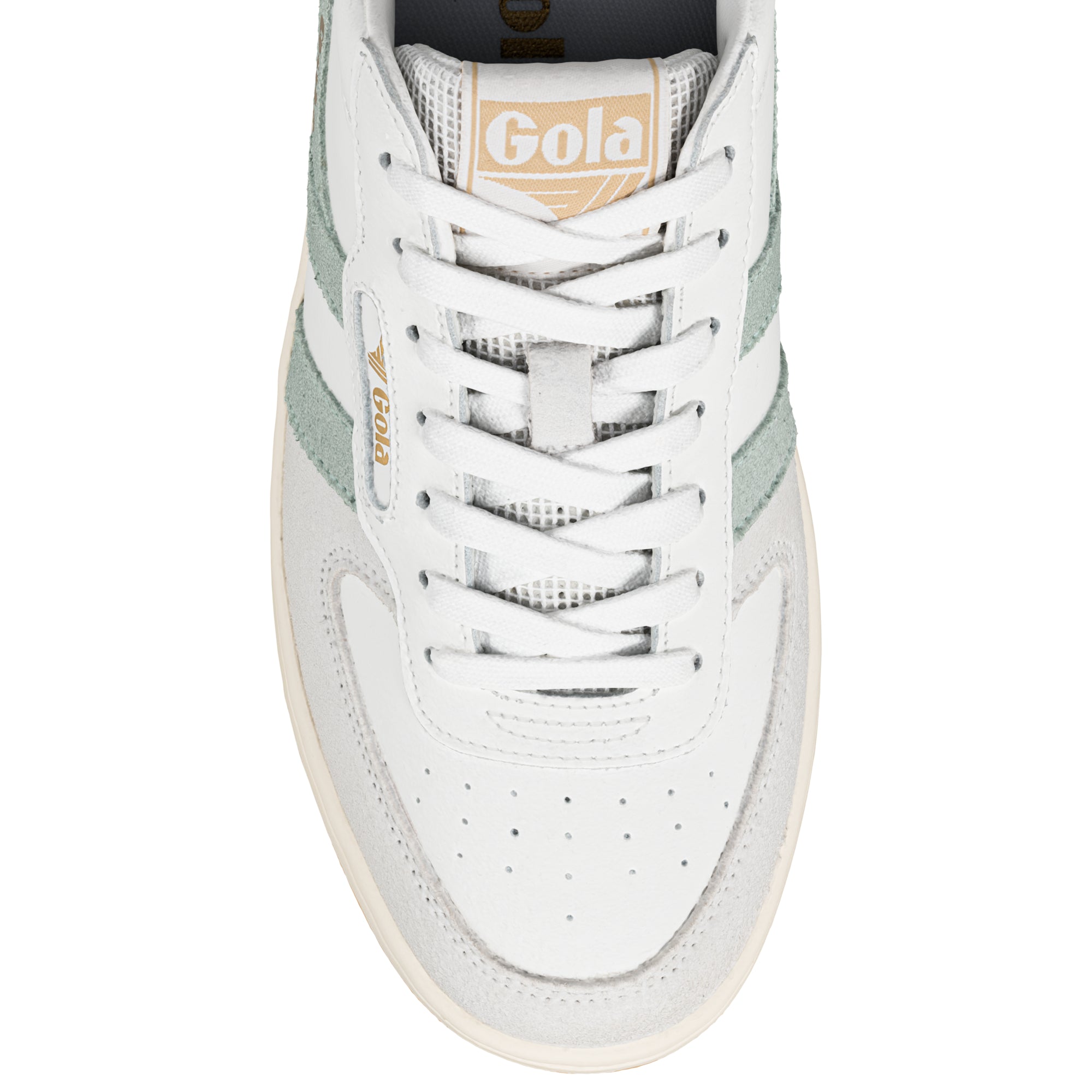 Top view of a white Gola trainer with sage green suede detailing and white laces