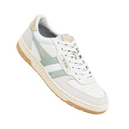 White Gola trainer with sage green suede side stripes and a gum sole