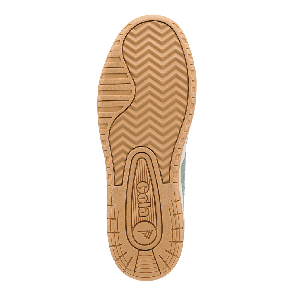 Tan rubber trainer sole with chevron tread pattern and Gola logo