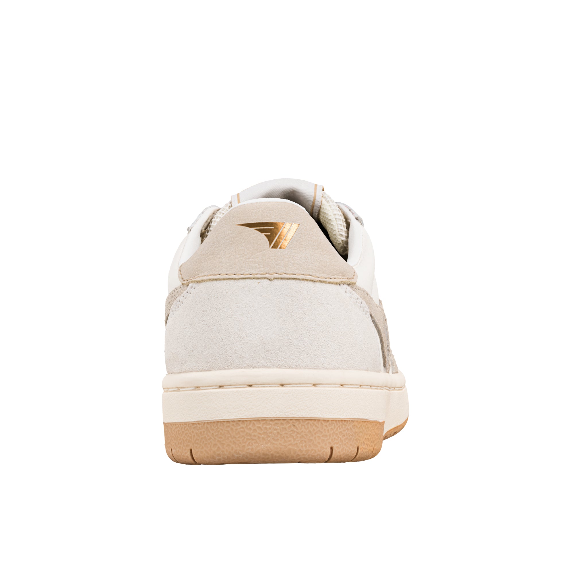 Rear view of a white and beige suede trainer with a gum rubber sole and gold logo detail