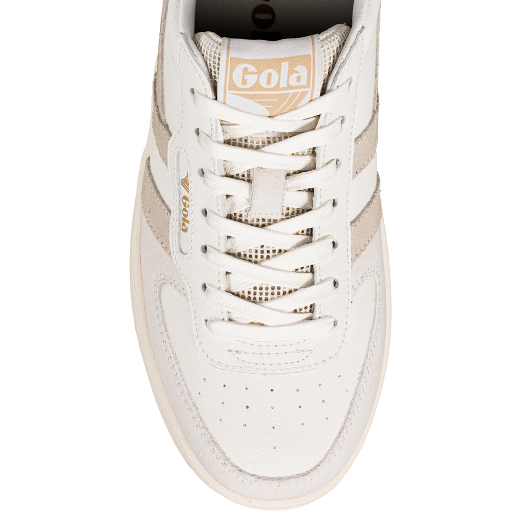 Top view of a white Gola trainer with lace fastening and suede detailing