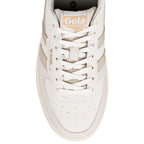 Top view of a white Gola trainer with lace fastening and suede detailing