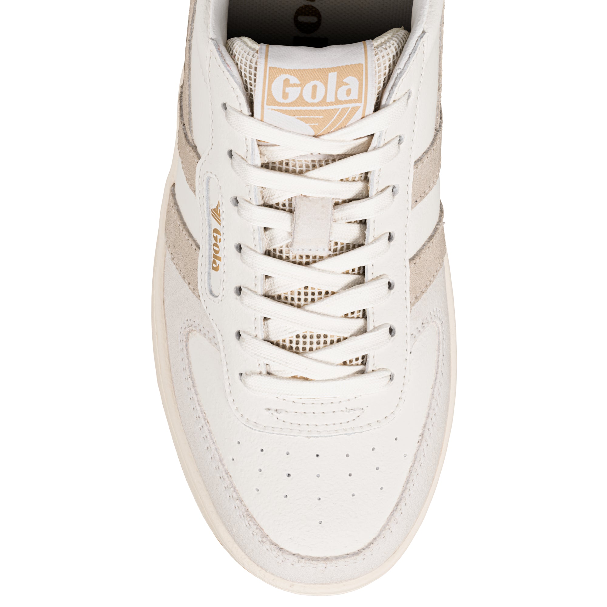 Top view of a white Gola trainer with lace fastening and suede detailing
