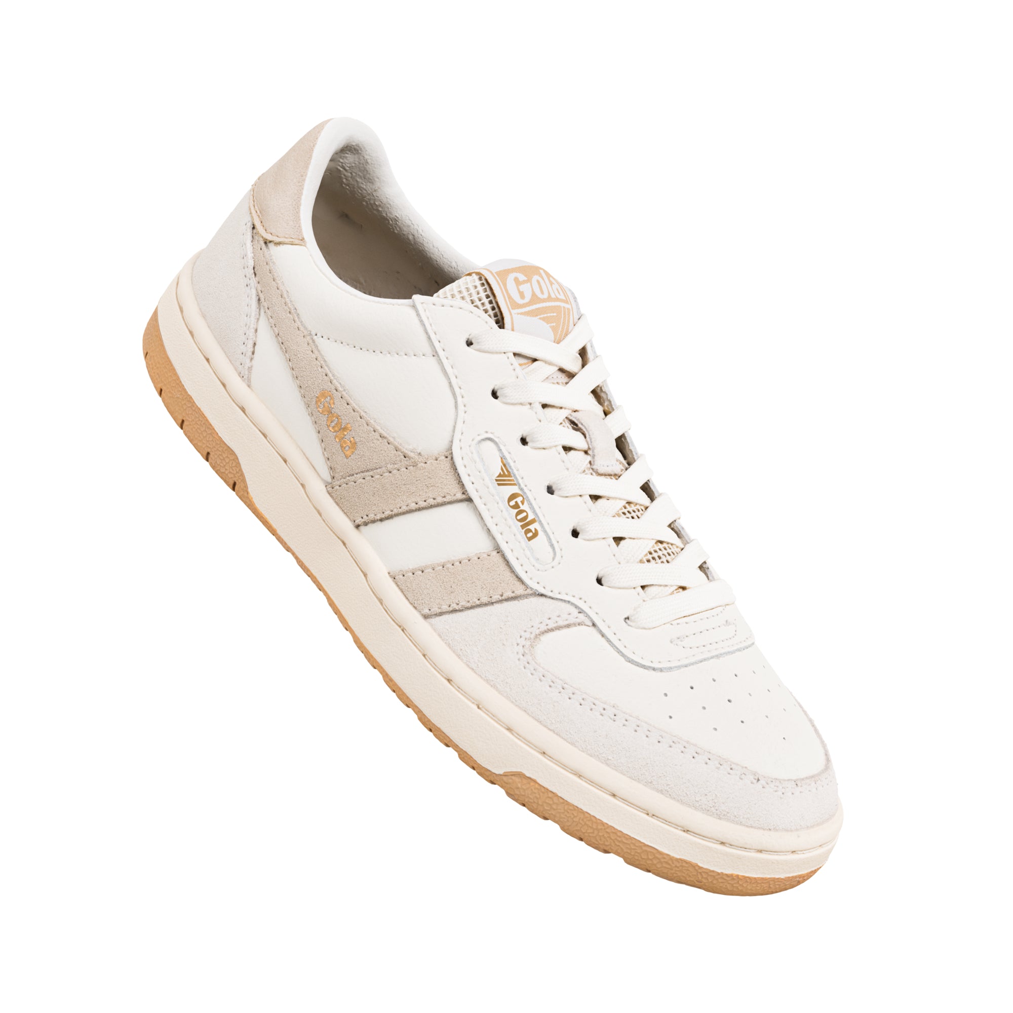 Off white Gola trainer with suede detailing and a gum rubber sole