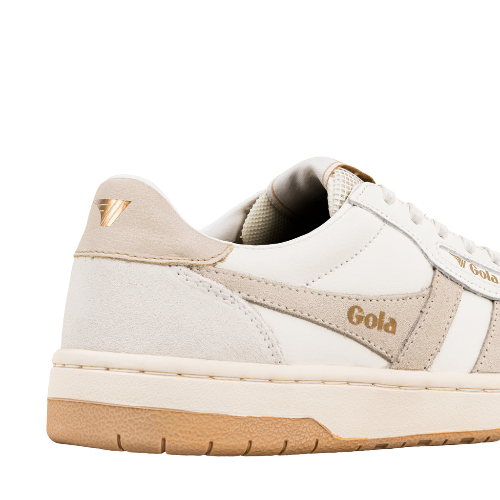 Close up of white Gola trainer heel with suede detailing and gum sole