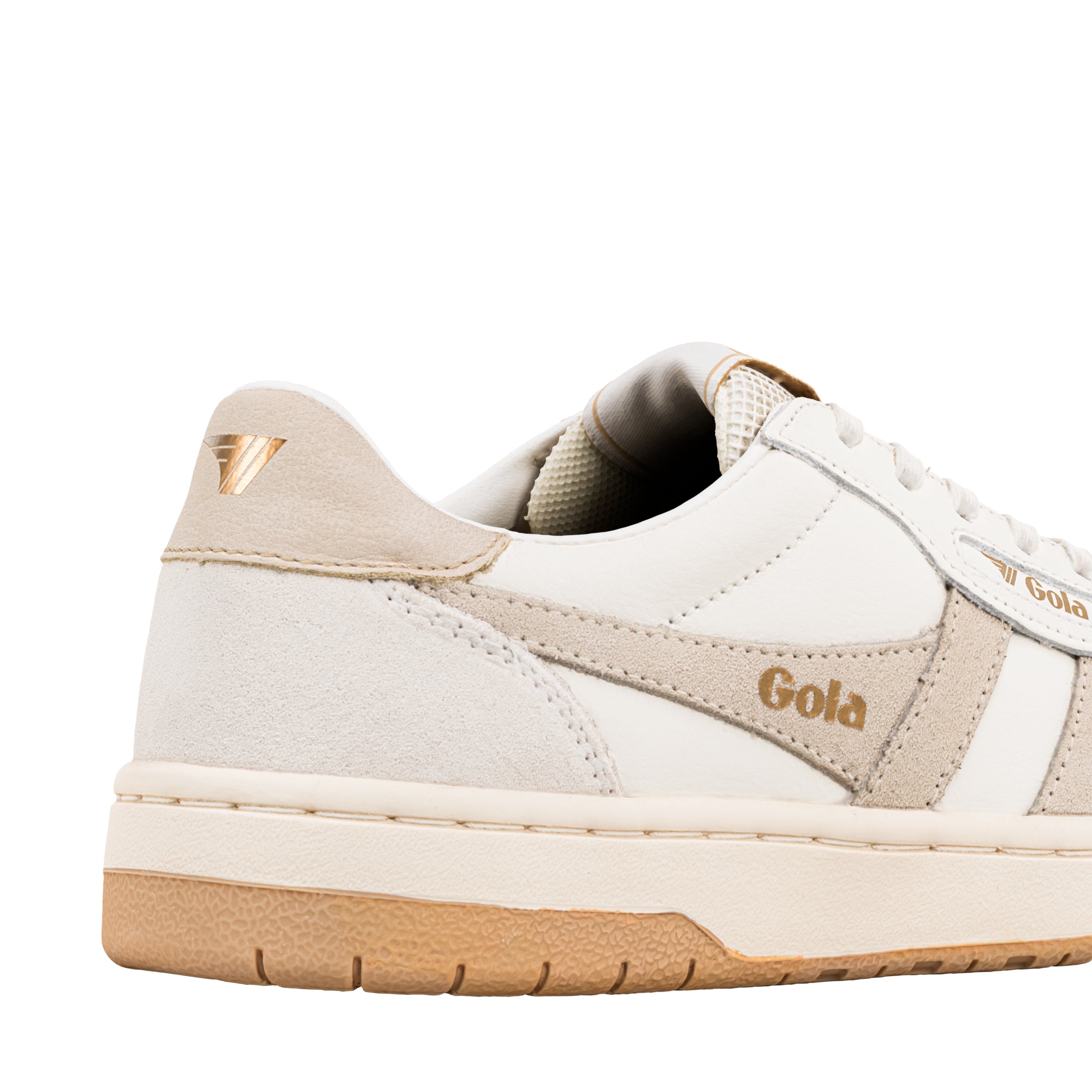 Close up of white Gola trainer heel with suede detailing and gum sole