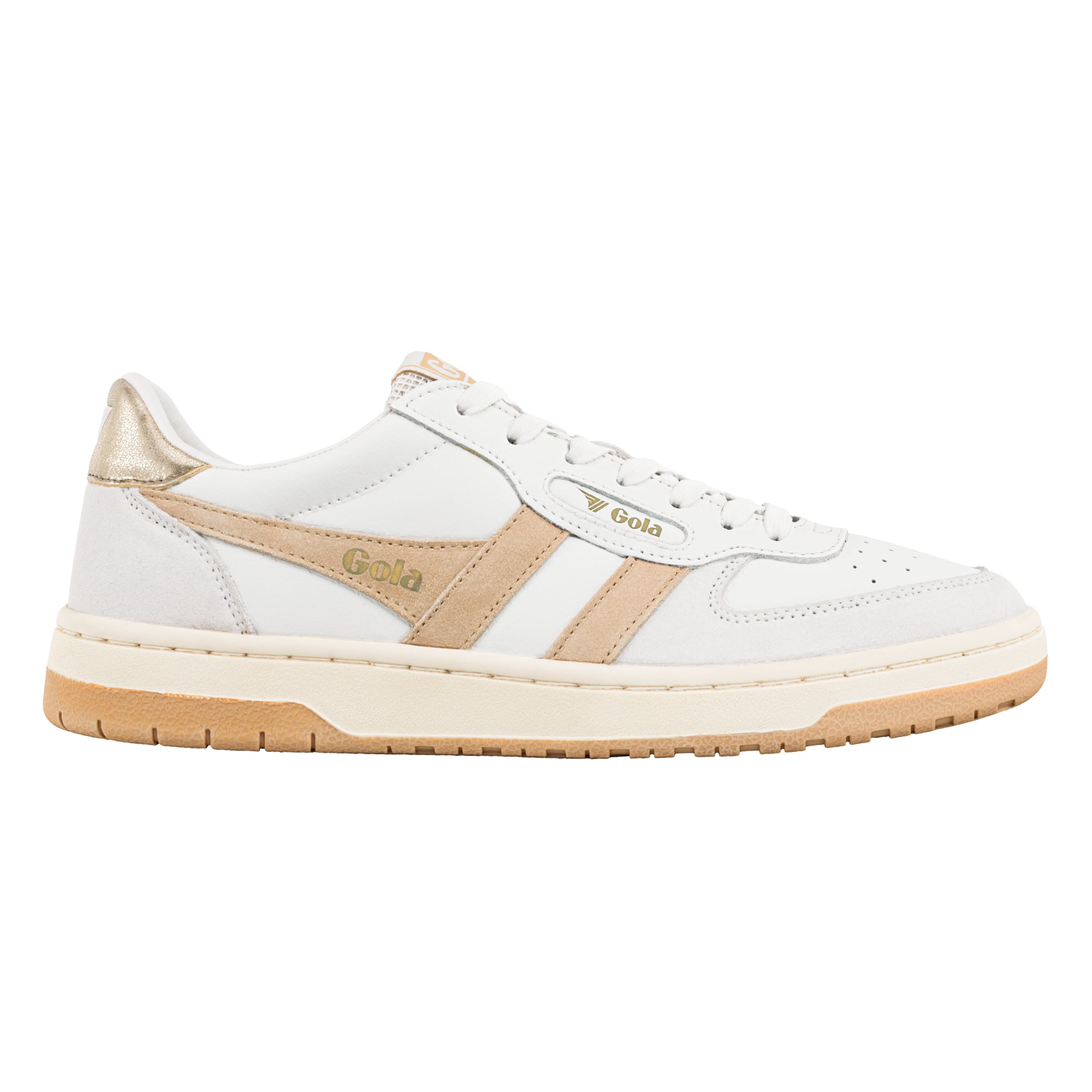 White Gola trainer with beige suede side stripes and metallic gold heel tab