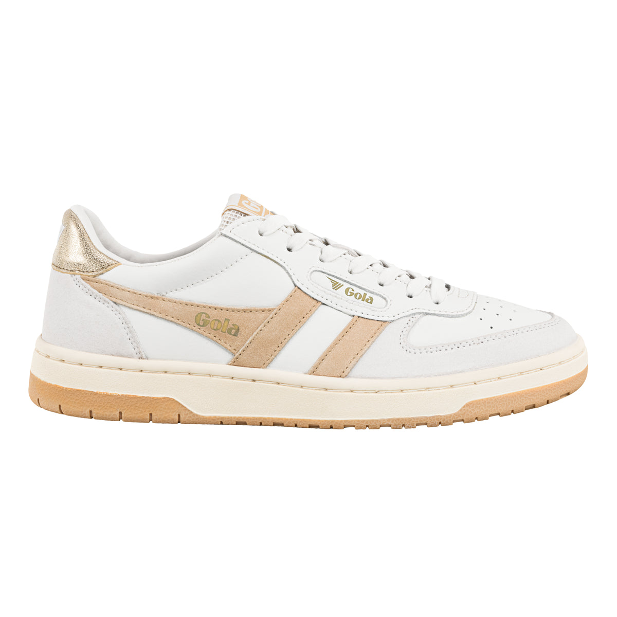 Gola Classics white trainer with beige side stripes and metallic gold heel detail