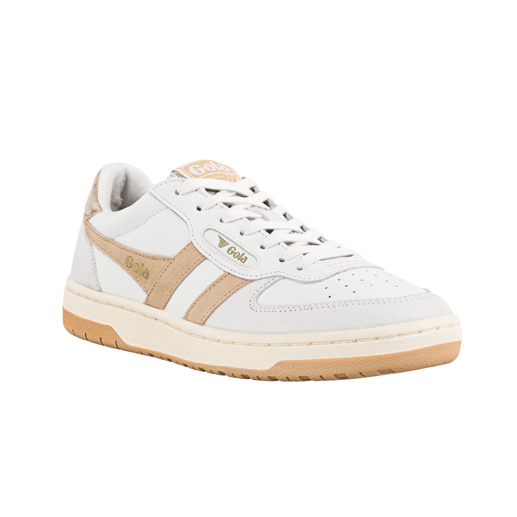 White and beige Gola trainer with lace up fastening and gum sole