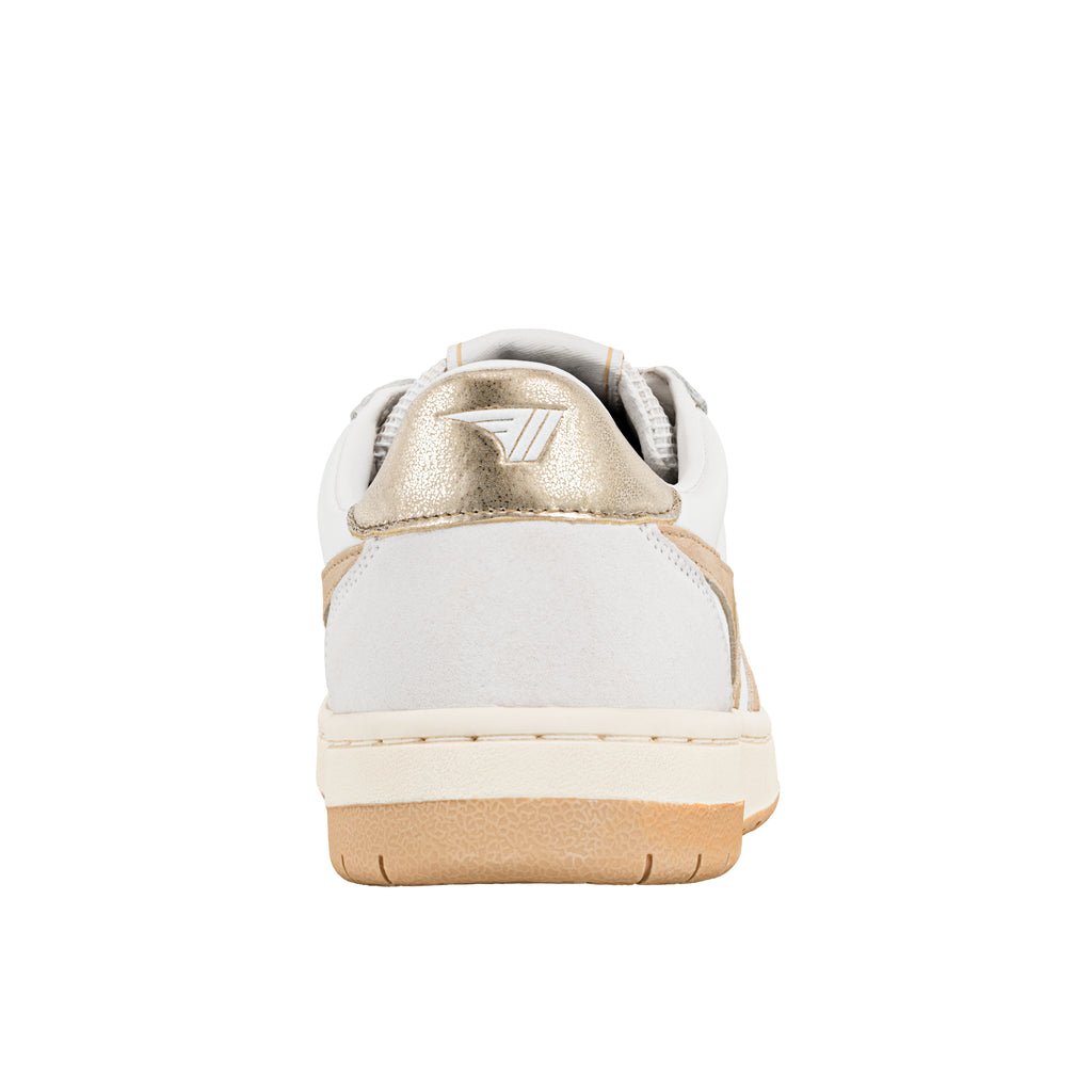 Rear view of a white trainer with a metallic gold heel tab and gum rubber sole