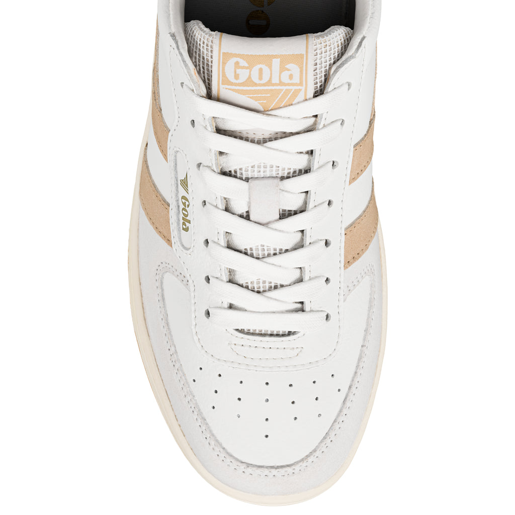 Top view of a white Gola trainer with beige side stripes and lace up fastening