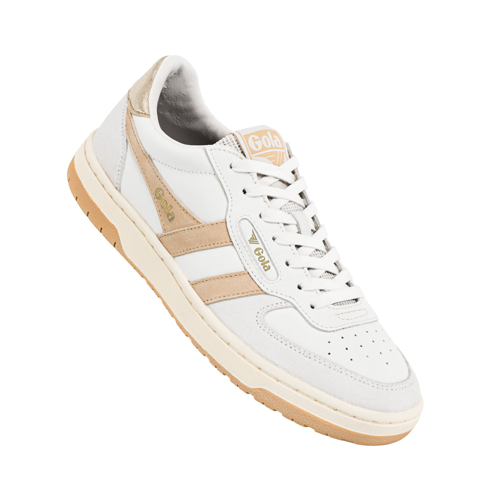 White Gola trainer with beige side stripes and gum sole