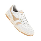 White Gola trainer with beige side stripes and gum sole