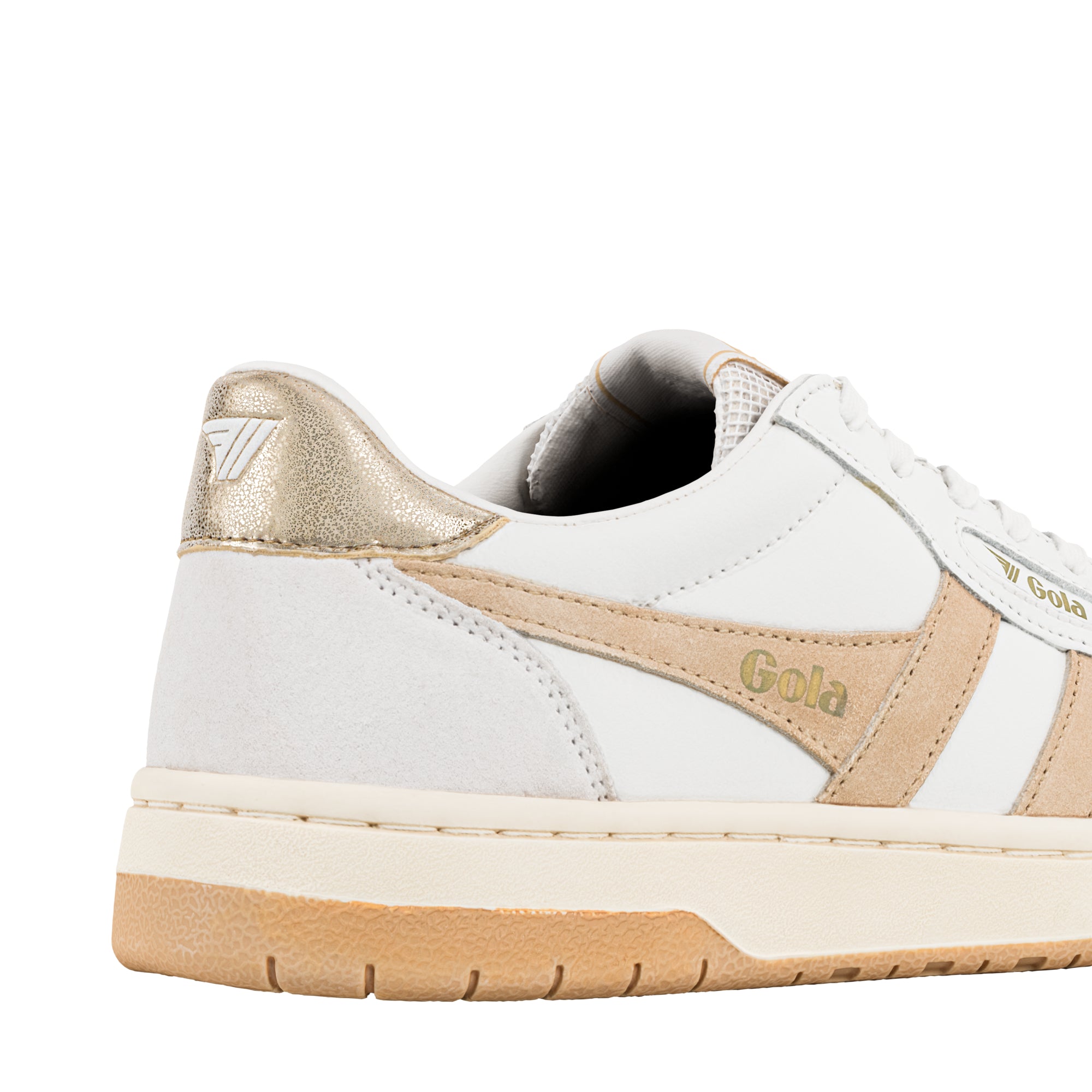 Close up of white and beige Gola trainer heel with metallic gold detailing