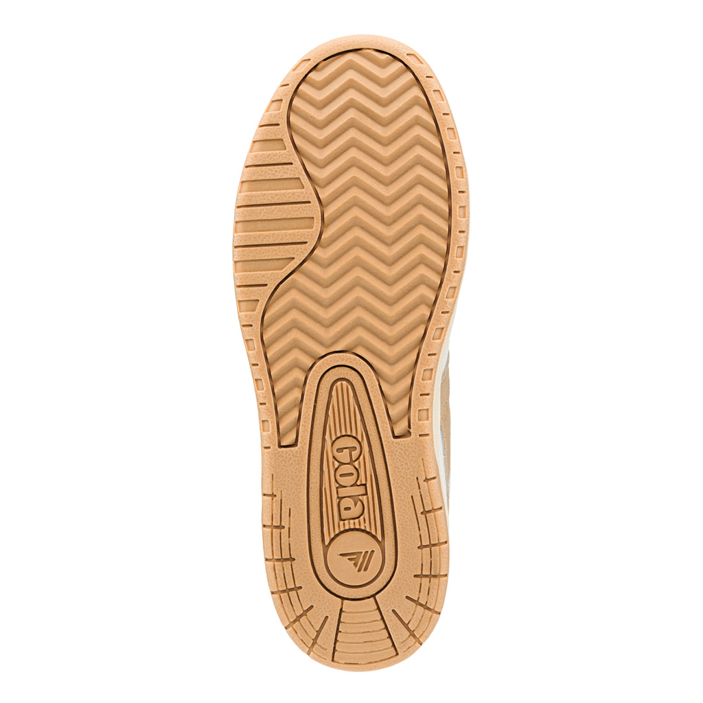 Tan rubber trainer sole with chevron tread pattern and Gola branding