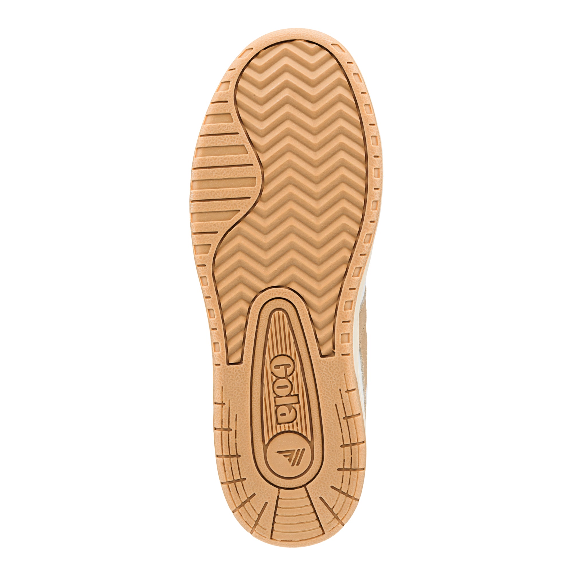 Tan rubber trainer sole with chevron tread pattern and Gola branding