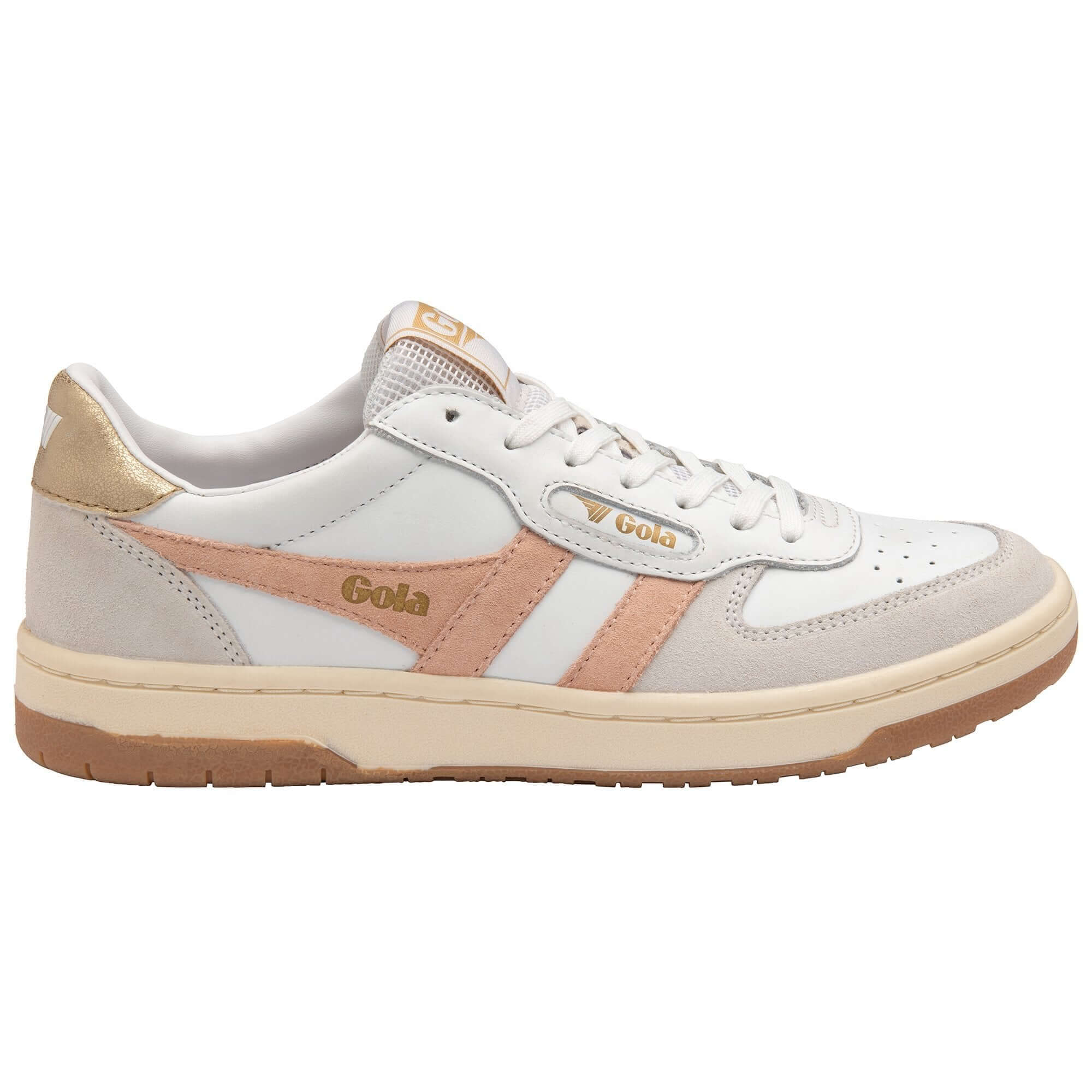 White Gola trainer with pink stripes and gold accents on a white background