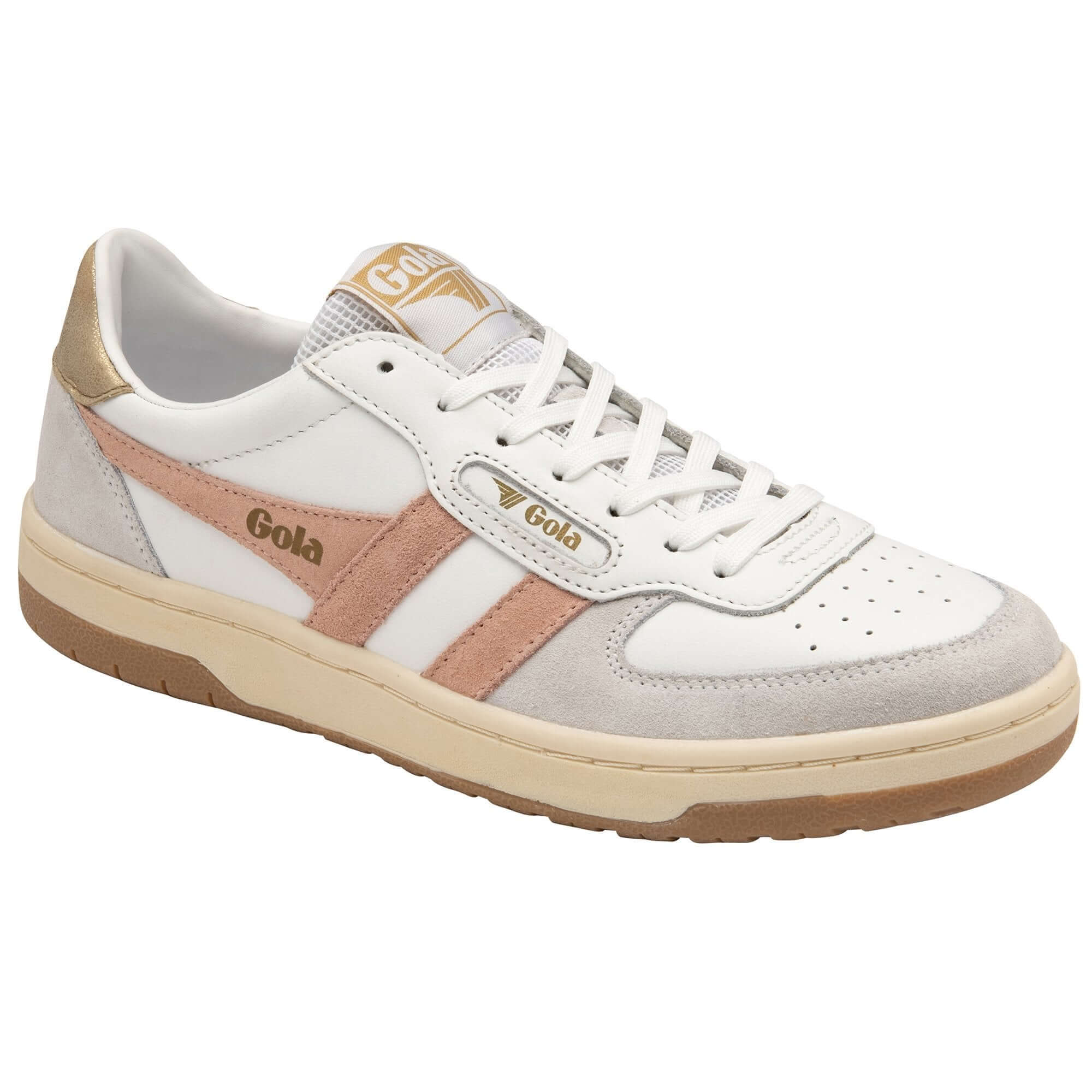 Gola white and pink trainer with gold accents on a white background