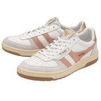 Pair of Gola trainers in white with pink stripes and gold accents on a white background